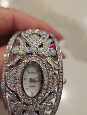 Elgin Ornate Crystal-Embellished Bracelet Watch in Silver and Iridescent